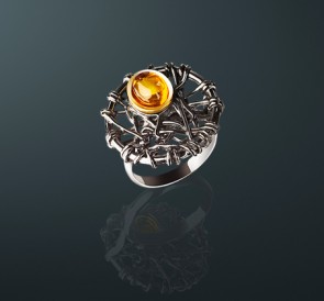 Кольцо с янтарем к-71131059: золотистый жемчуг, серебро 925°