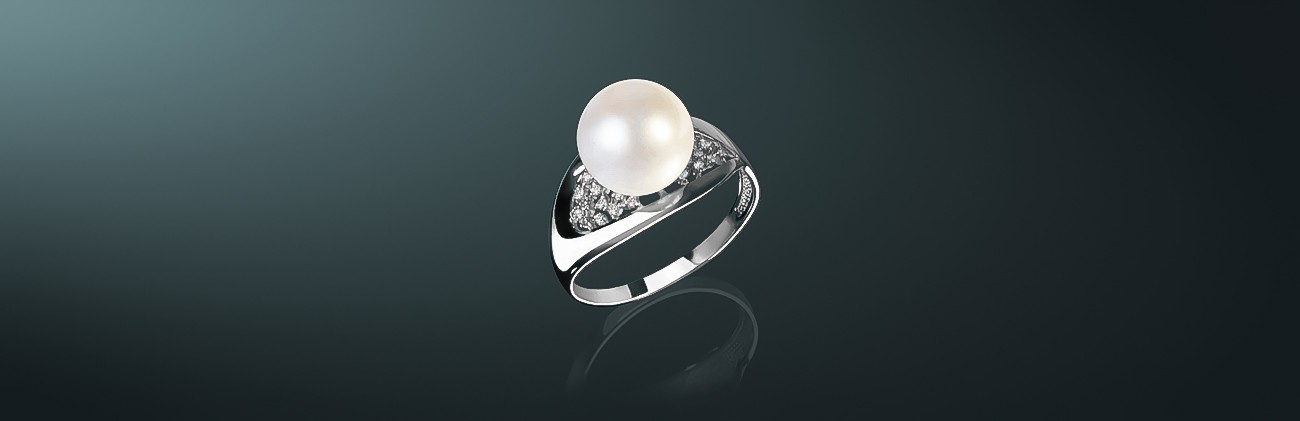 Кольцо с белым пресноводным жемчугом класса ААА (высший): золото 585˚, бриллианты, государственное пробирное клеймо. к-110885 #2