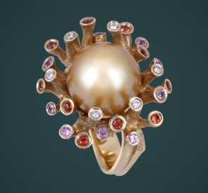 Кольцо с жемчугом 2143: золотистый морской жемчуг, золото 585°